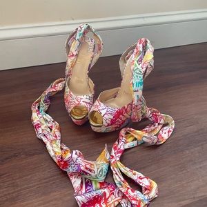 Louboutin floral tie up heel. Size 36 1/2 preowned. Originally $995.